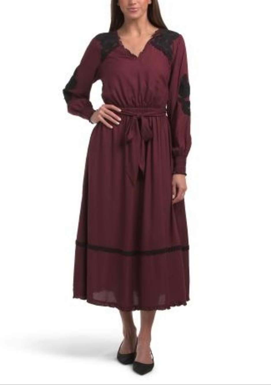 NWT - LEA Floral Embroidered Long Sleeve Fully Lined Midi Dress with Belt-Size L - Picture 2 of 16
